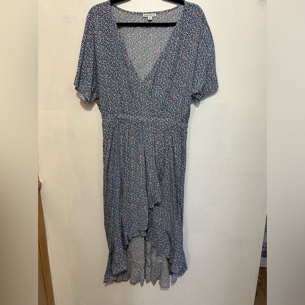 J. Crew Mercantile Blue Floral Ruffle Hem Faux Wrap High-Low Dress Size Medium